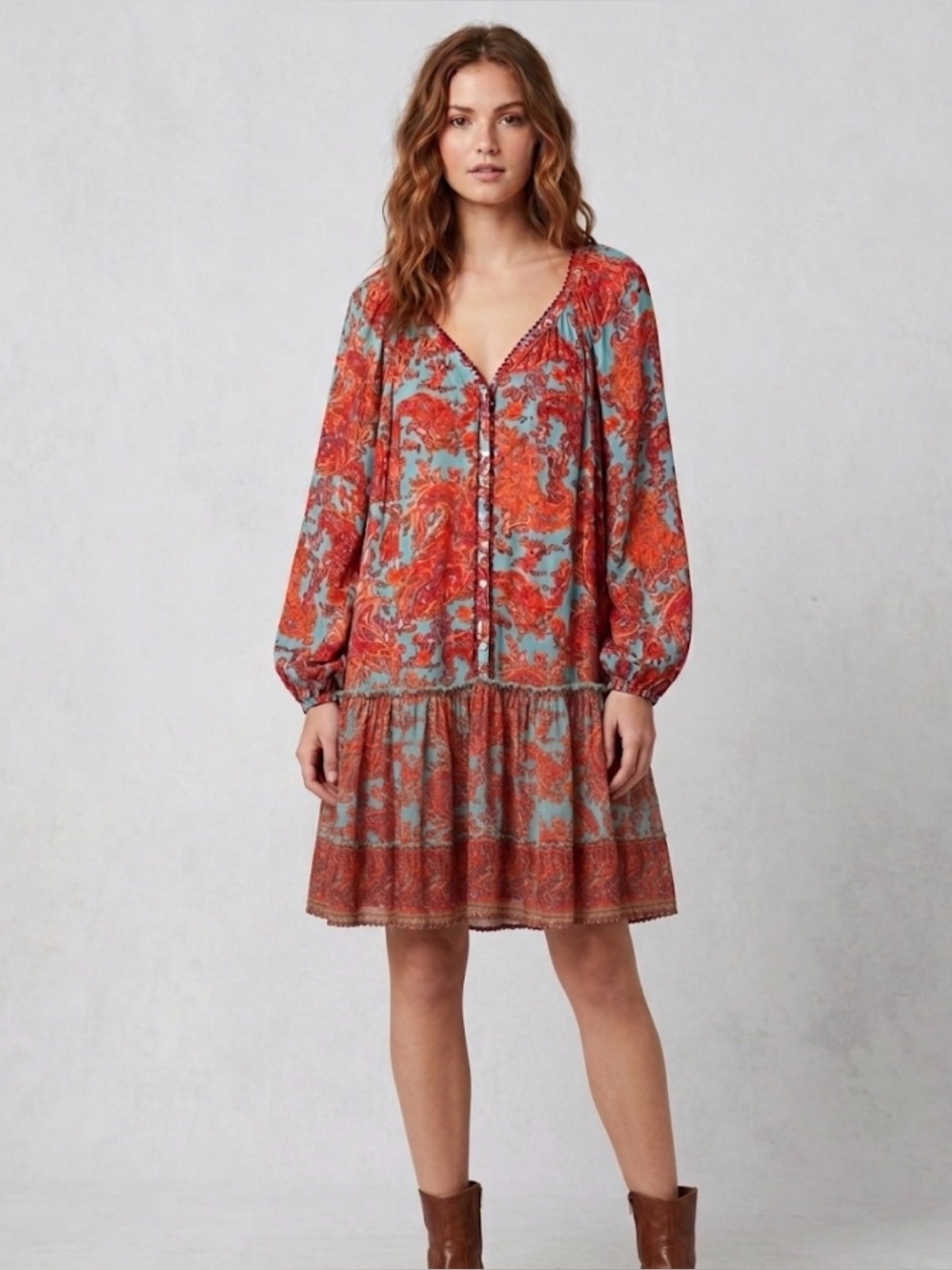 Sundance Modal Tiered Boho Drop waist Dress Size L paisley floral boho light